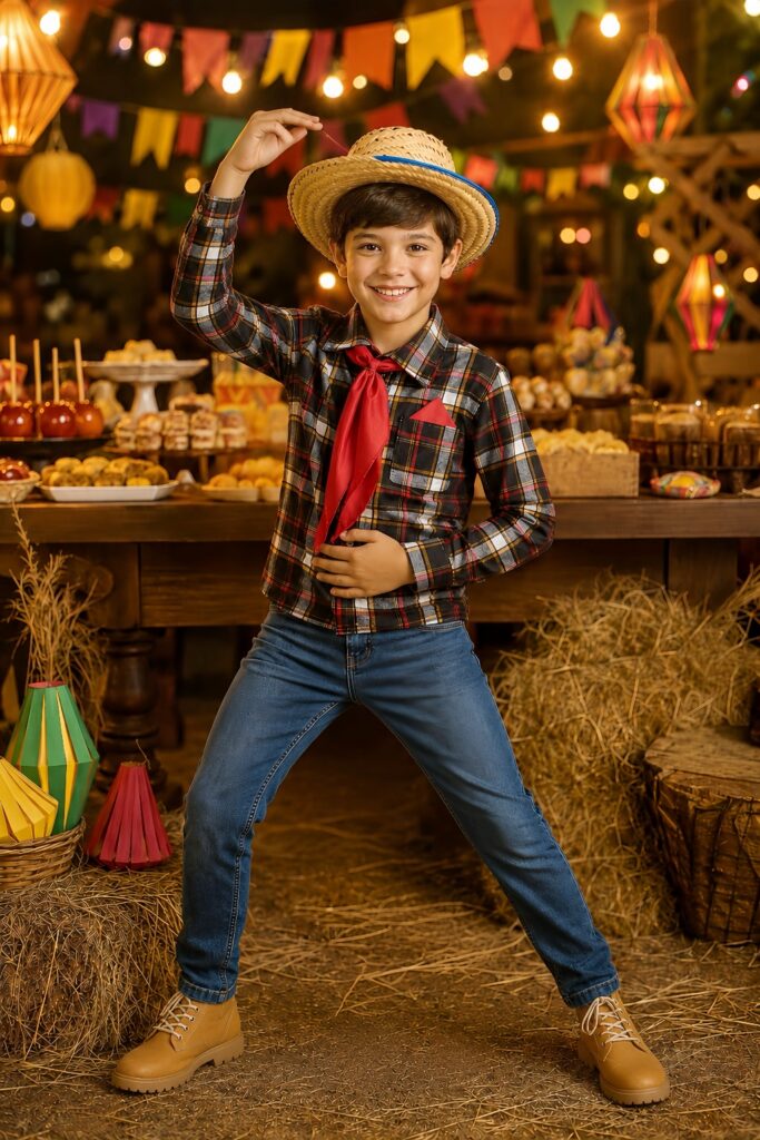 Camisa Junina Infantil Xadrez Preto e Laranja Lenço Gravata