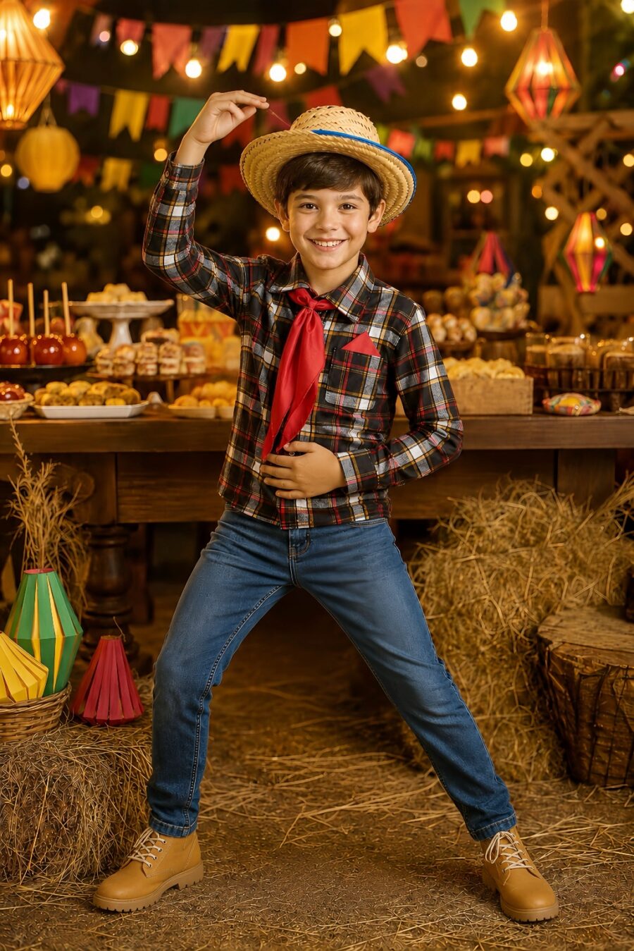 Camisa Junina Infantil Xadrez Preto e Laranja Lenço Gravata