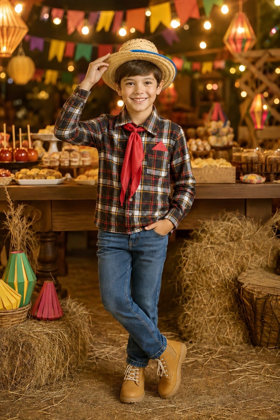 Camisa Junina Infantil Xadrez Preto e Laranja Lenço Gravata