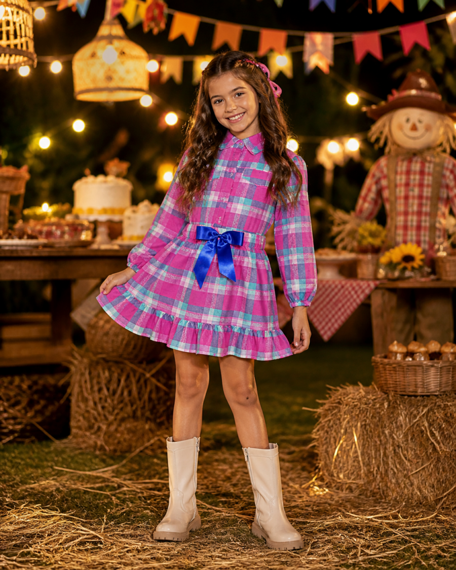 Conjunto Junino Infantil Camisa Rosa e Saia Xadrez