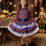 Conjunto Junino Infantil Camisa Vermelha e Saia Xadrez