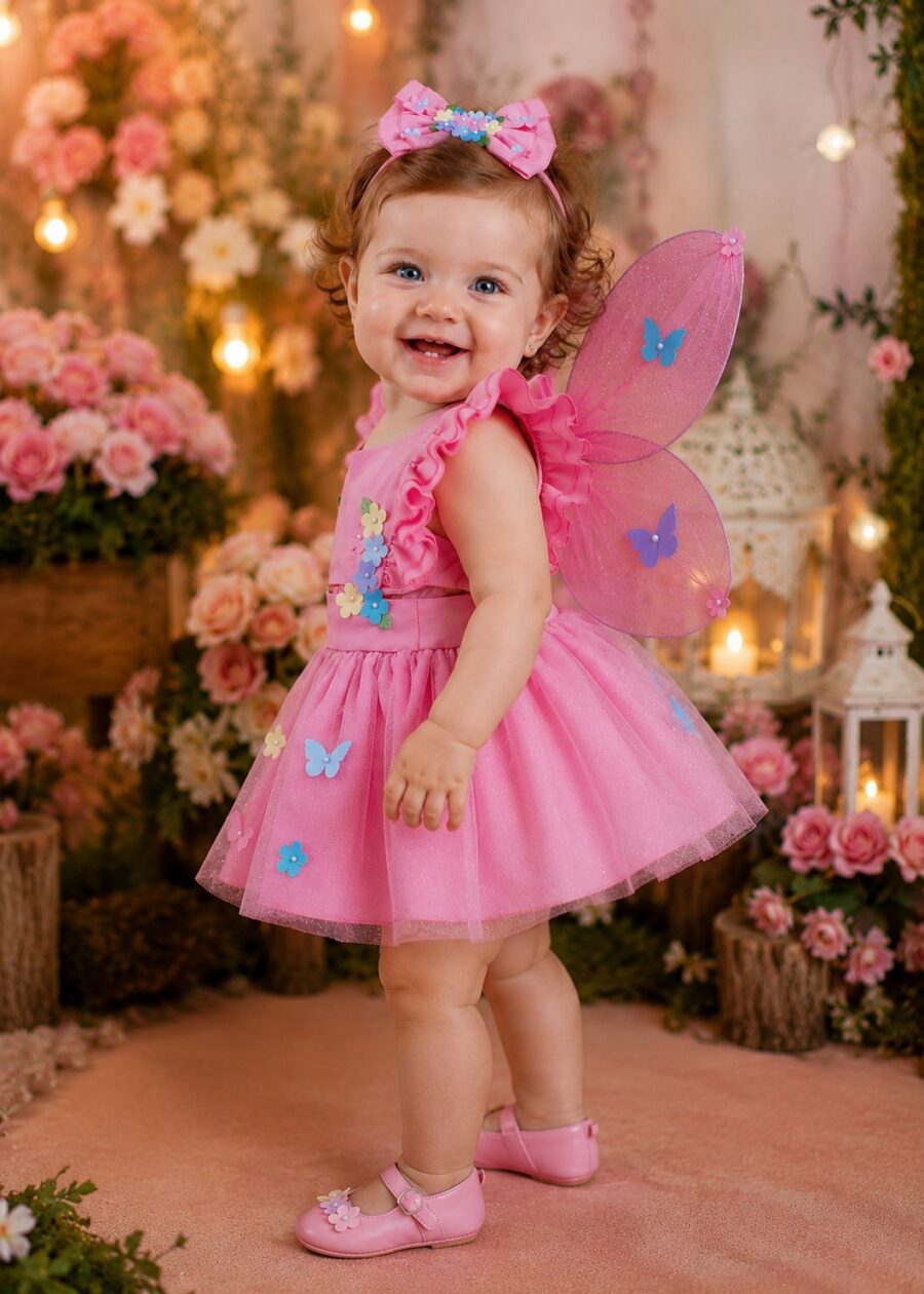 Romper Vestido Infantil Belli Jardim Encantado Rosa