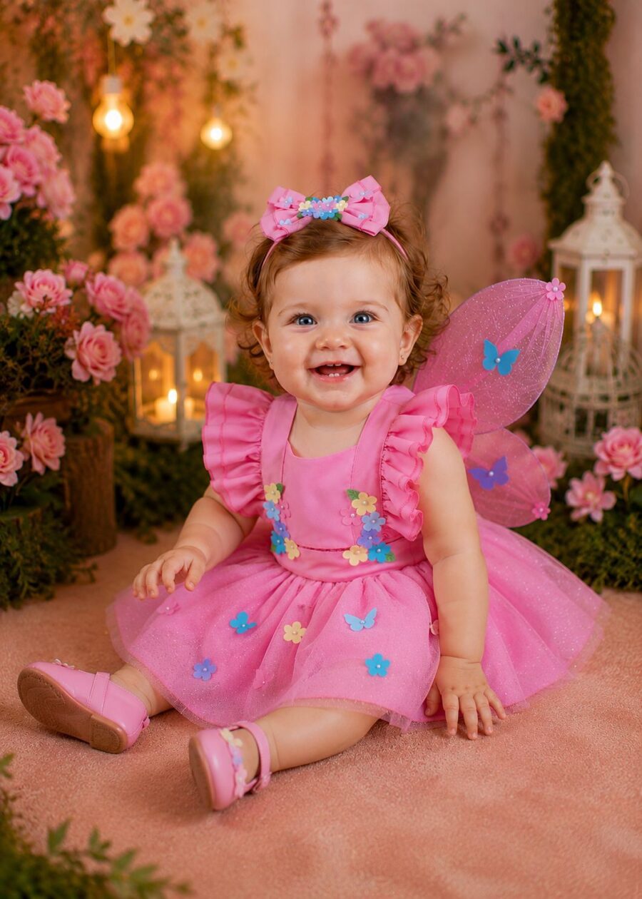 Romper Vestido Infantil Belli Jardim Encantado Rosa