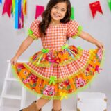 Vestido Junino Infantil Caipira Xadrez Laranja com Flores