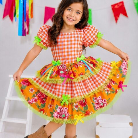 Vestido Junino Infantil Caipira Xadrez Laranja com Flores