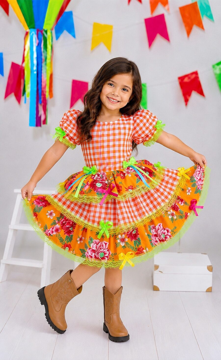 Vestido Junino Infantil Caipira Xadrez Laranja com Flores