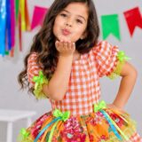 Vestido Junino Infantil Caipira Xadrez Laranja com Flores