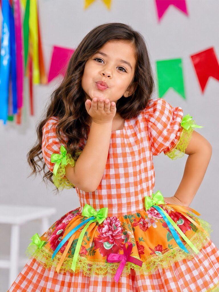 Vestido Junino Infantil Caipira Xadrez Laranja com Flores