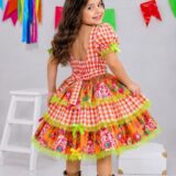 Vestido Junino Infantil Caipira Xadrez Laranja com Flores