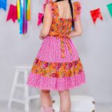 Vestido Junino Adulto Caipira Laranja Florido Xadrez Rosa