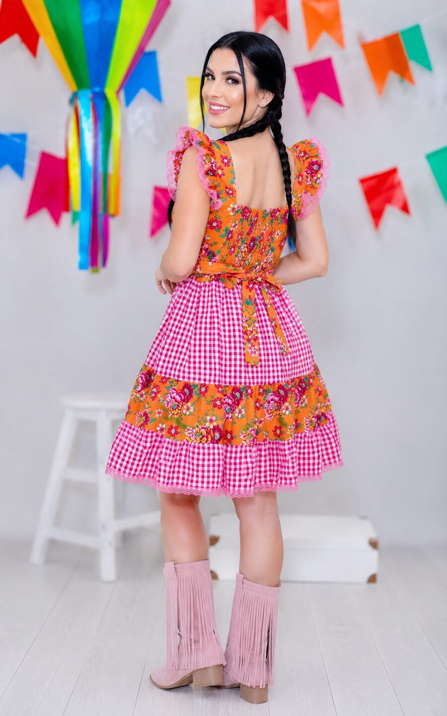 Vestido Junino Adulto Caipira Laranja Florido Xadrez Rosa