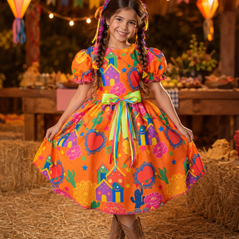Vestido Junino Infantil Arraiá Laranja Festa São João