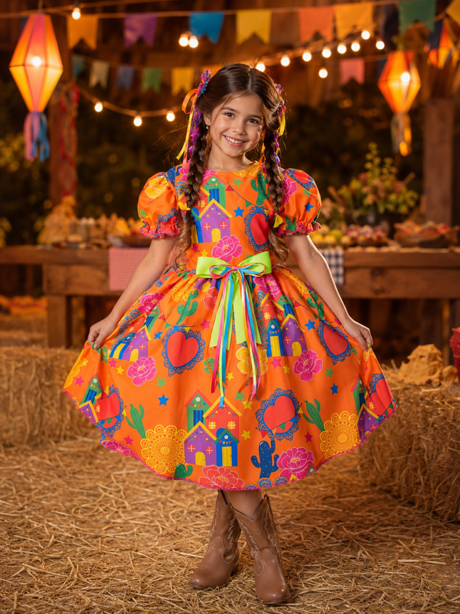 Vestido Junino Infantil Arraiá Laranja Festa São João