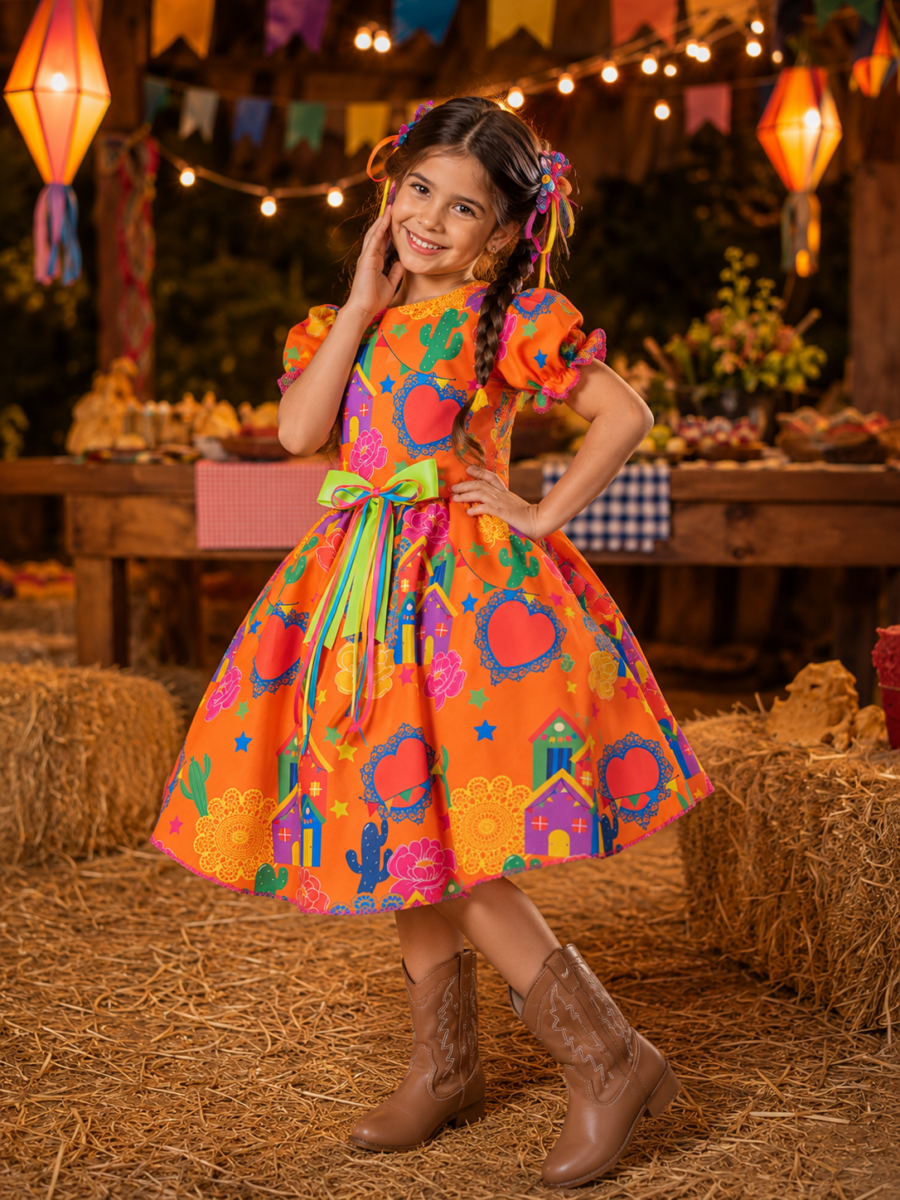 Vestido Junino Infantil Arraiá Laranja Festa São João