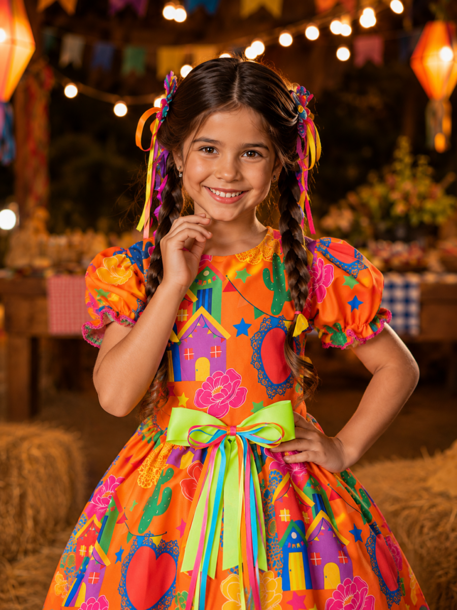 Vestido Junino Infantil Arraiá Laranja Festa São João