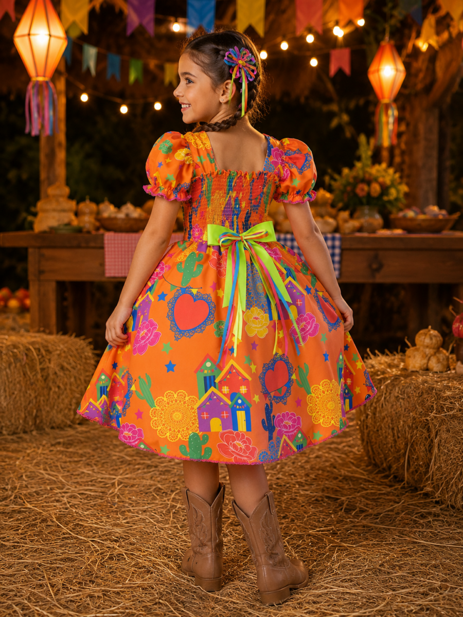 Vestido Junino Infantil Arraiá Laranja Festa São João