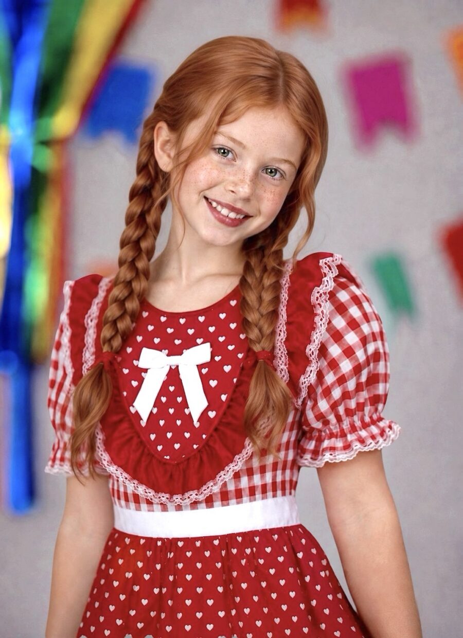 Vestido Junino Infantil Xadrez Azul e Vermelho com Corações
