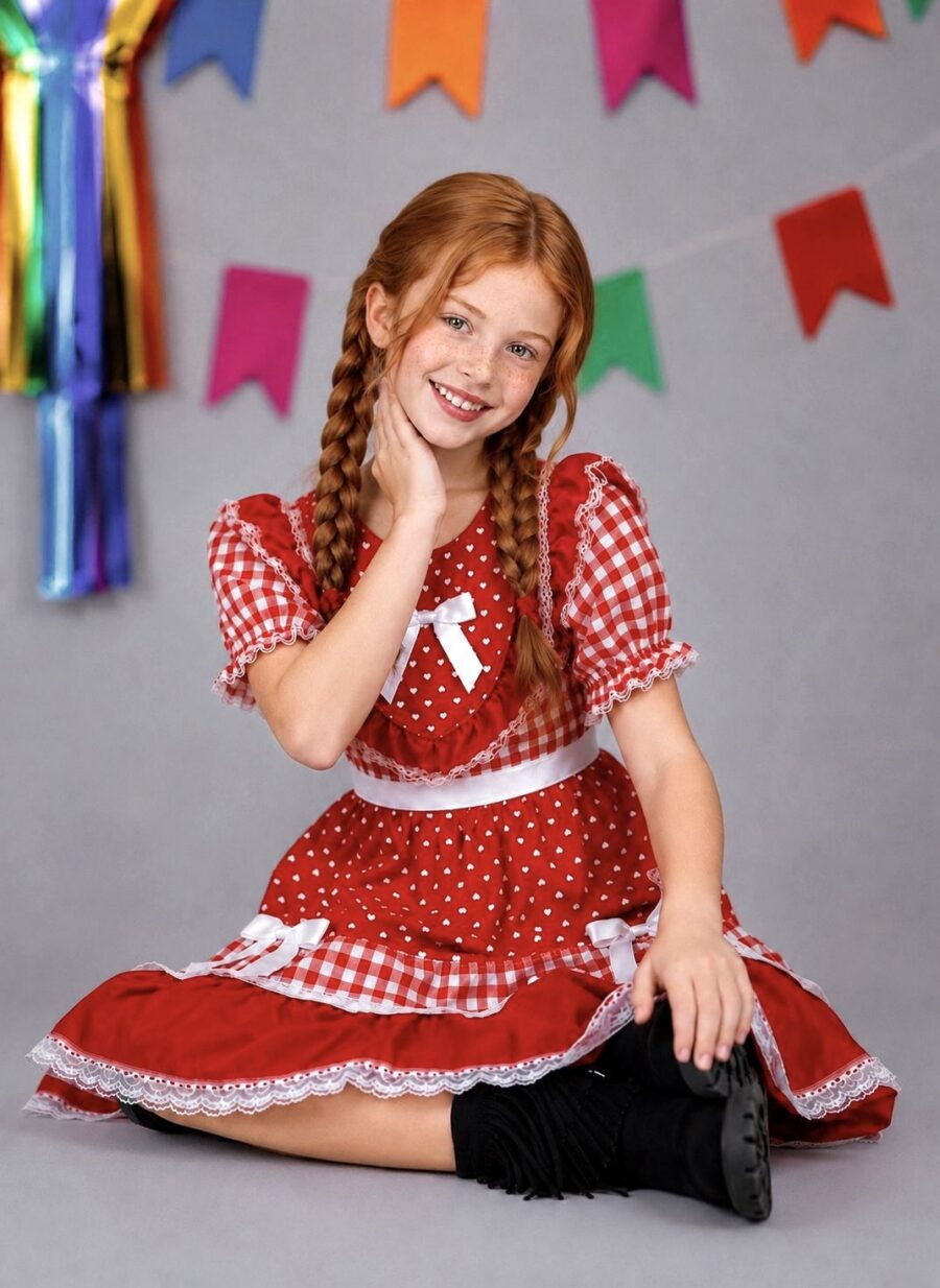 Vestido Junino Infantil Xadrez Azul e Vermelho com Corações