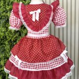 Vestido Junino Infantil Xadrez Azul e Vermelho com Corações