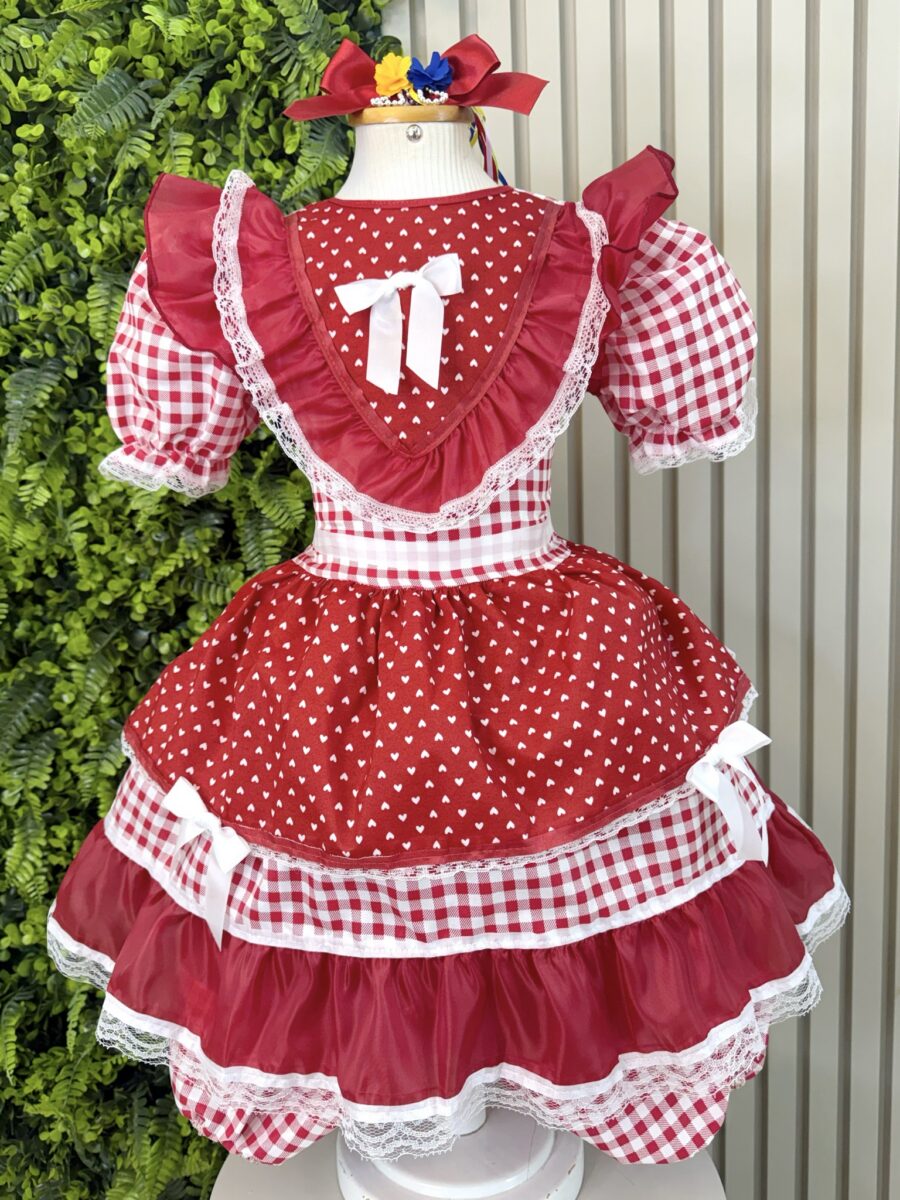 Vestido Junino Infantil Xadrez Azul e Vermelho com Corações