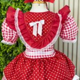 Vestido Junino Infantil Xadrez Azul e Vermelho com Corações