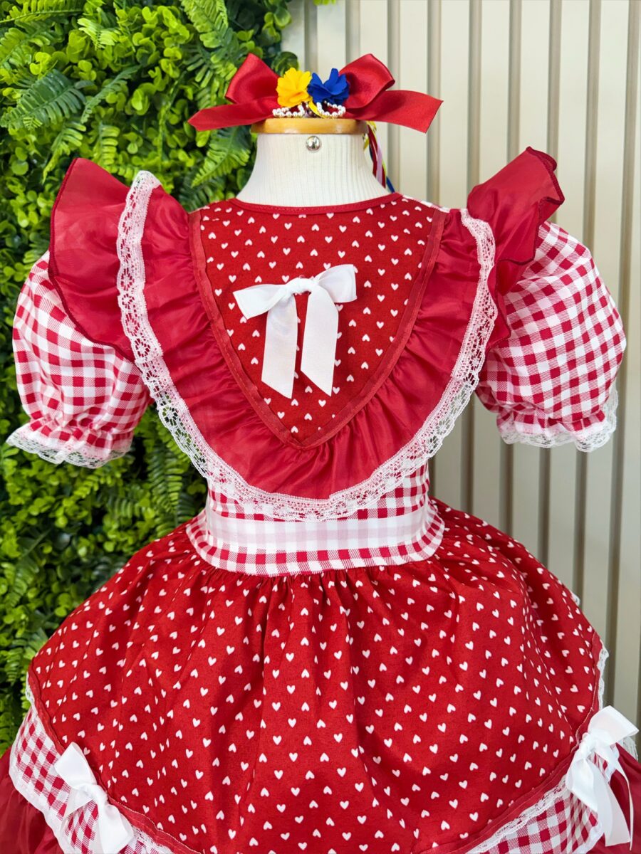 Vestido Junino Infantil Xadrez Azul e Vermelho com Corações