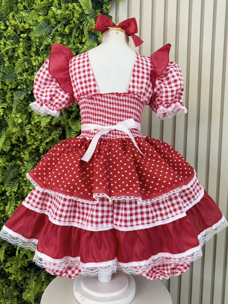 Vestido Junino Infantil Xadrez Azul e Vermelho com Corações