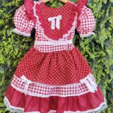 Vestido Junino Infantil Xadrez Azul e Vermelho com Corações