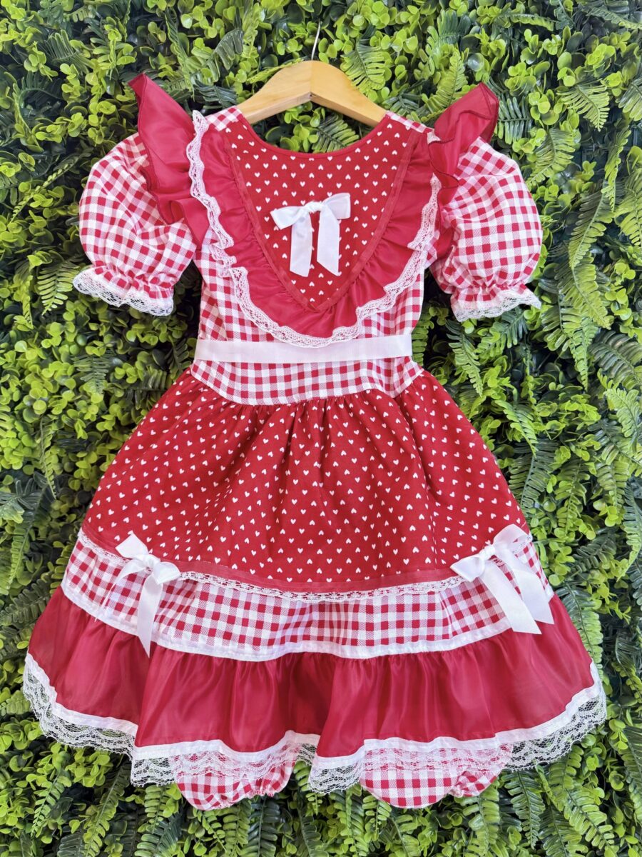 Vestido Junino Infantil Xadrez Azul e Vermelho com Corações