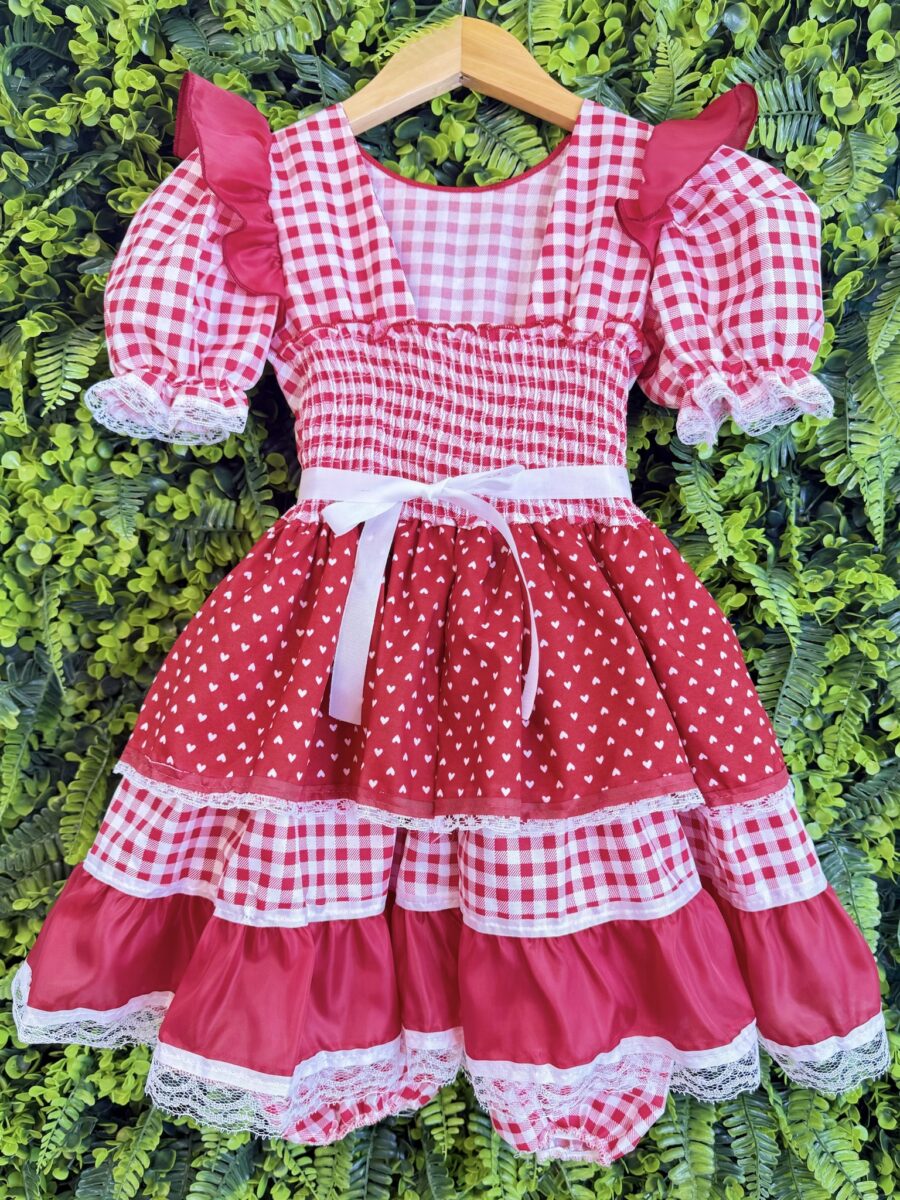 Vestido Junino Infantil Xadrez Azul e Vermelho com Corações