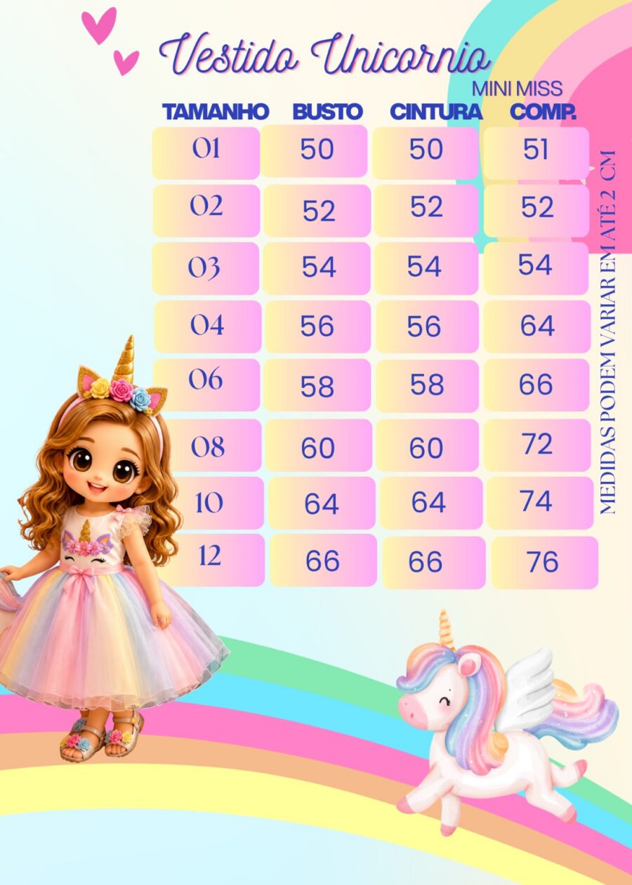 Vestido Infantil Temático Unicórnio Mini Miss Arco-Íris Tule