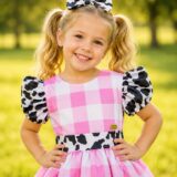 Vestido Infantil Xadrez Branco e Rosa Fazendinha Vaquinha