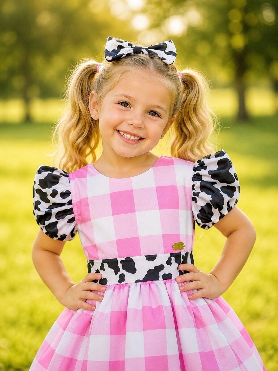 Vestido Infantil Xadrez Branco e Rosa Fazendinha Vaquinha