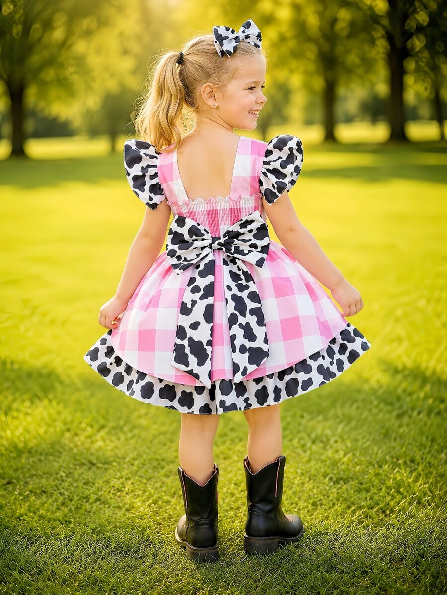 Vestido Infantil Xadrez Branco e Rosa Fazendinha Vaquinha