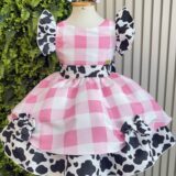 Vestido Infantil Xadrez Branco e Rosa Fazendinha Vaquinha