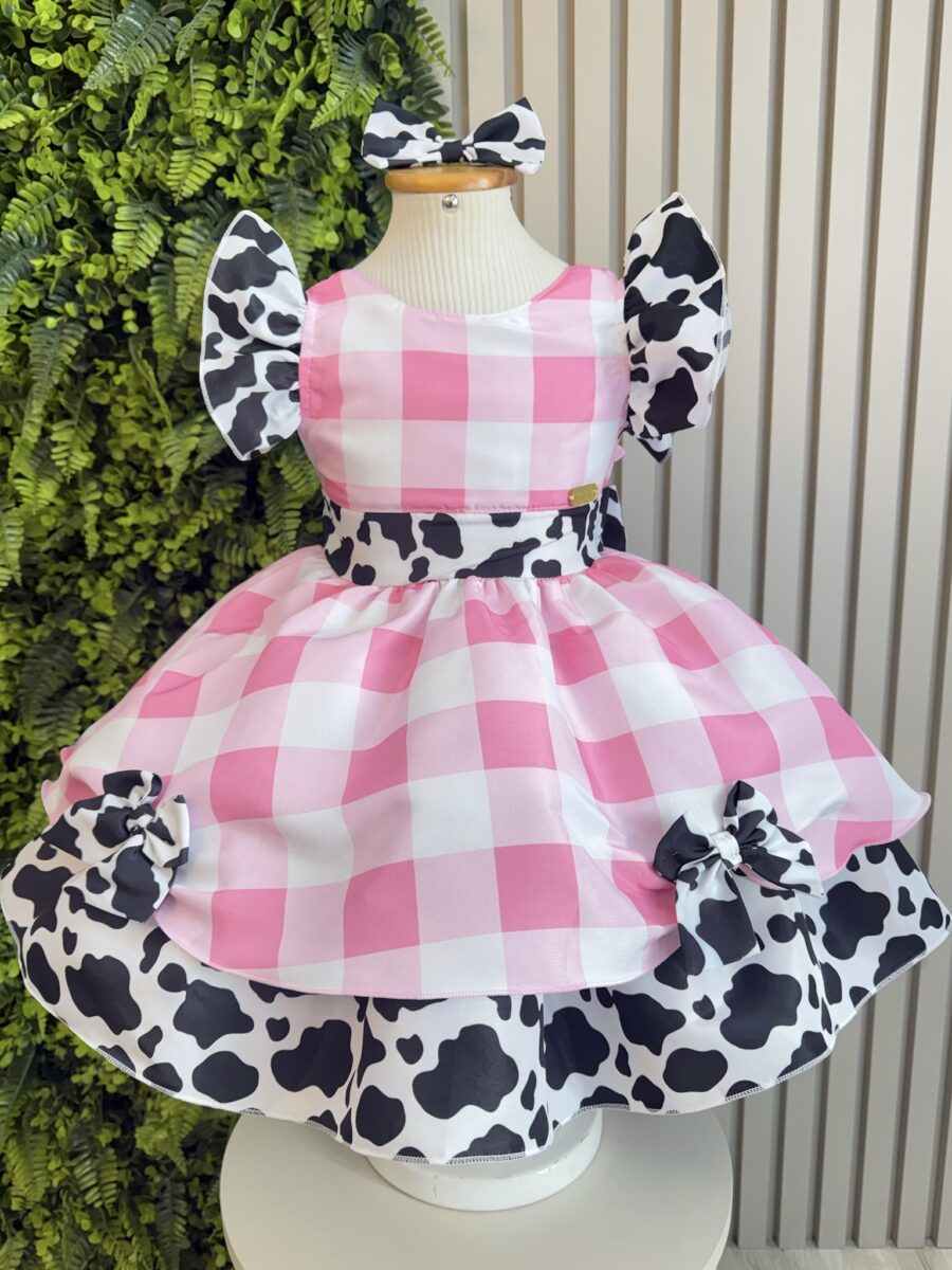Vestido Infantil Xadrez Branco e Rosa Fazendinha Vaquinha