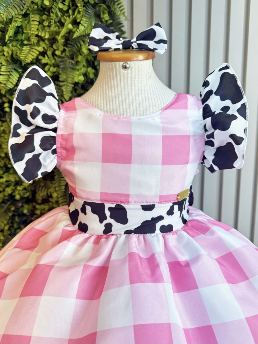 Vestido Infantil Xadrez Branco e Rosa Fazendinha Vaquinha
