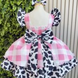 Vestido Infantil Xadrez Branco e Rosa Fazendinha Vaquinha