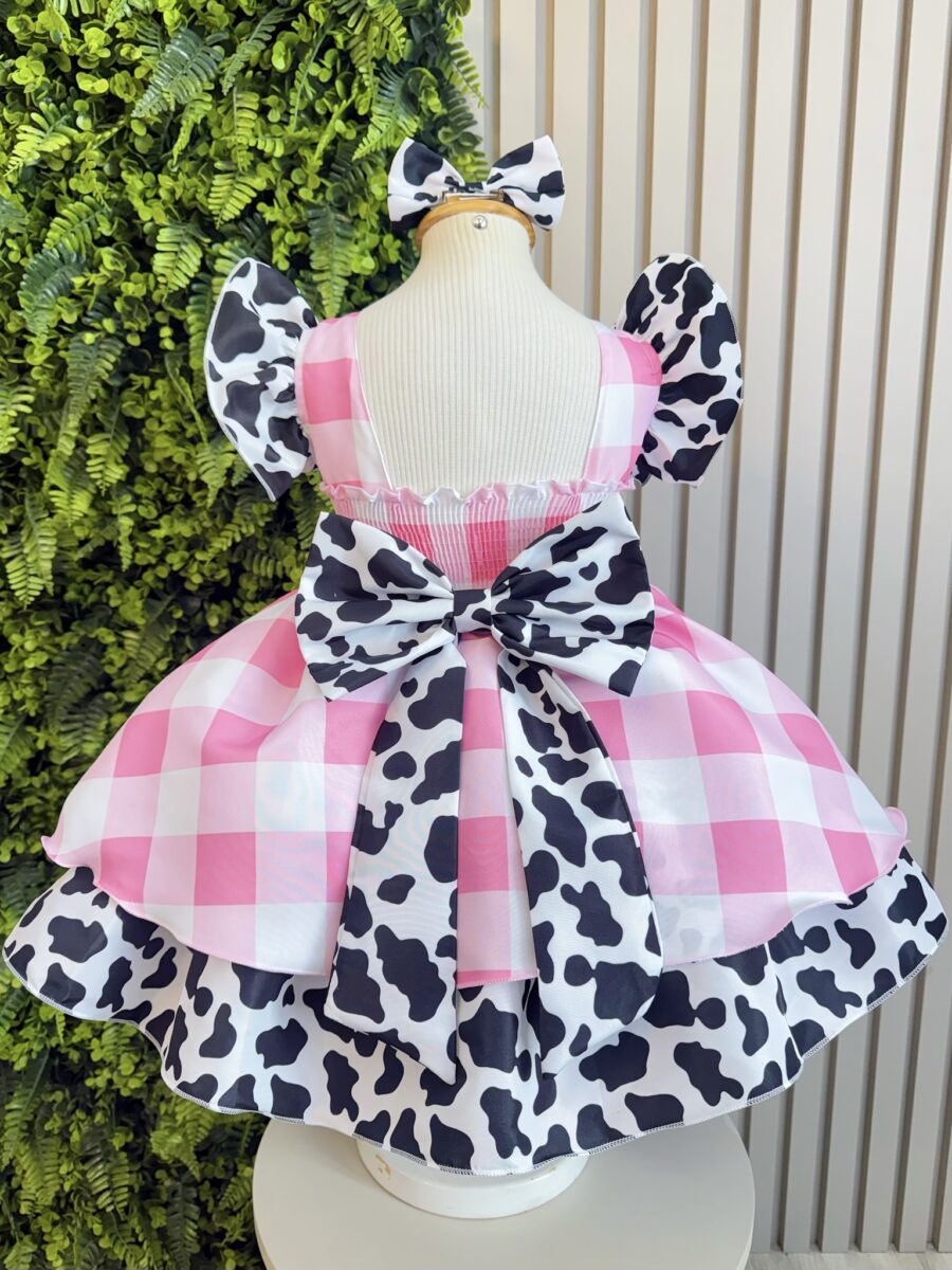 Vestido Infantil Xadrez Branco e Rosa Fazendinha Vaquinha