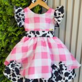 Vestido Infantil Xadrez Branco e Rosa Fazendinha Vaquinha