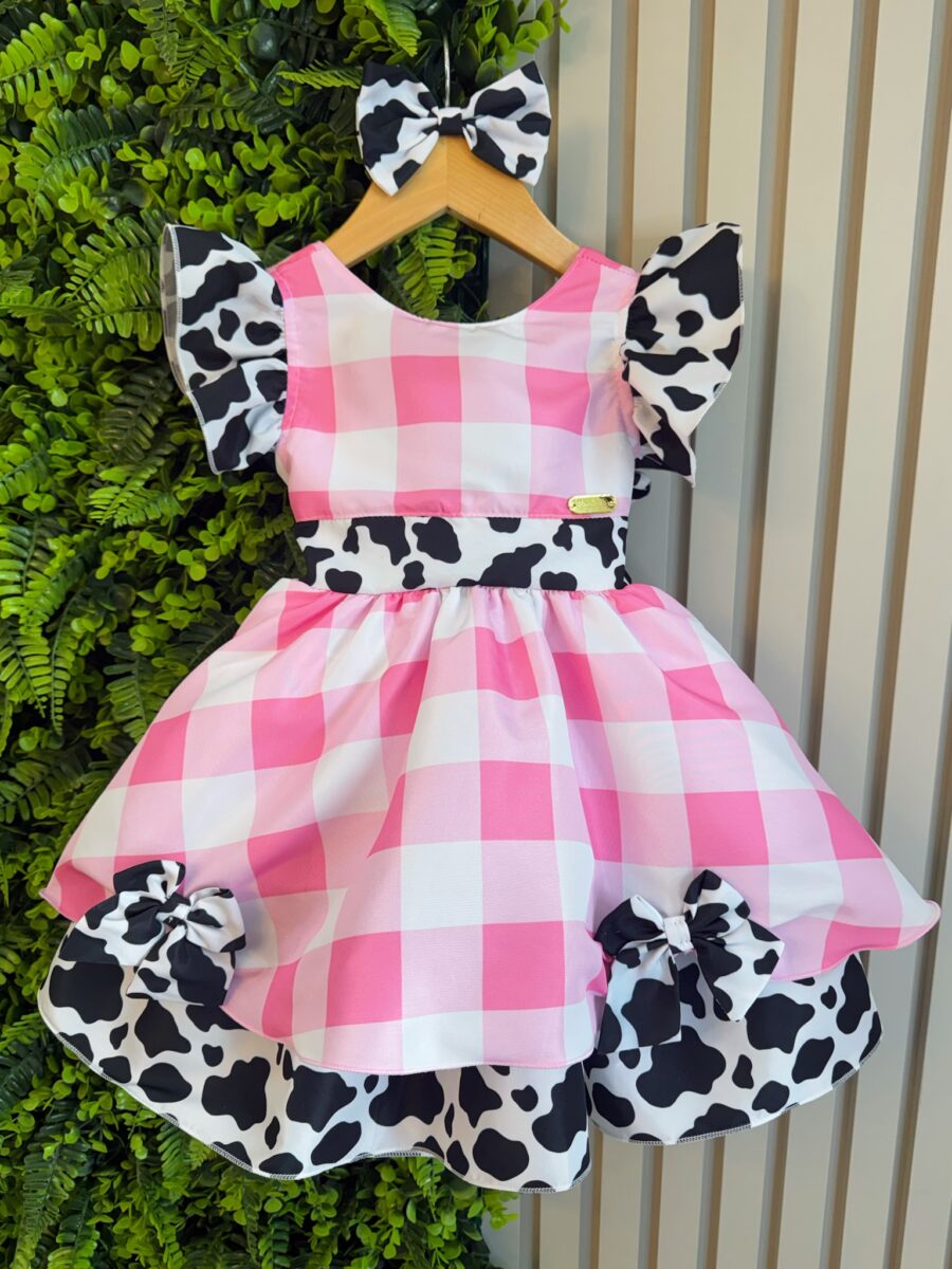 Vestido Infantil Xadrez Branco e Rosa Fazendinha Vaquinha