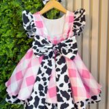 Vestido Infantil Xadrez Branco e Rosa Fazendinha Vaquinha