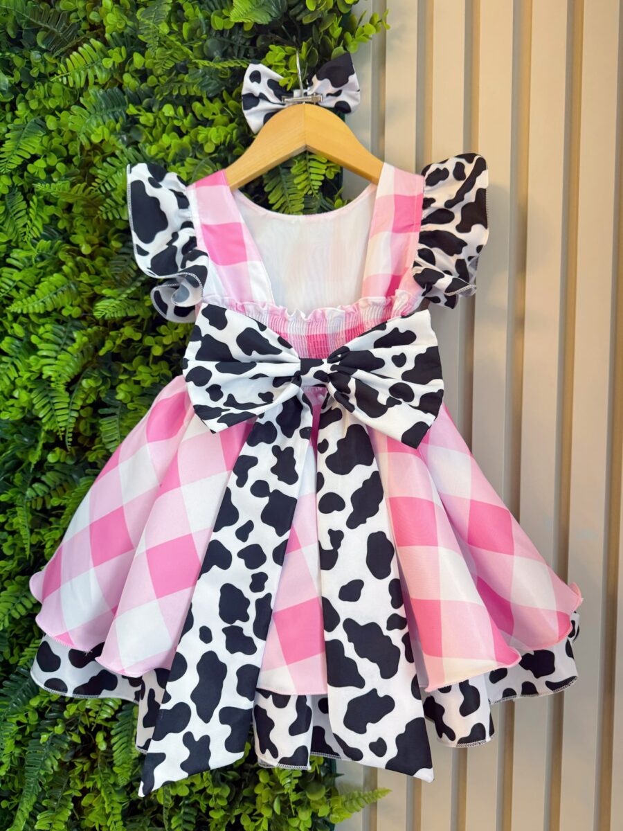 Vestido Infantil Xadrez Branco e Rosa Fazendinha Vaquinha