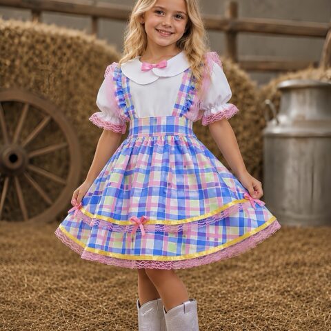 Conjunto Infantil Junino Salopete Xadrez Rosa e Azul