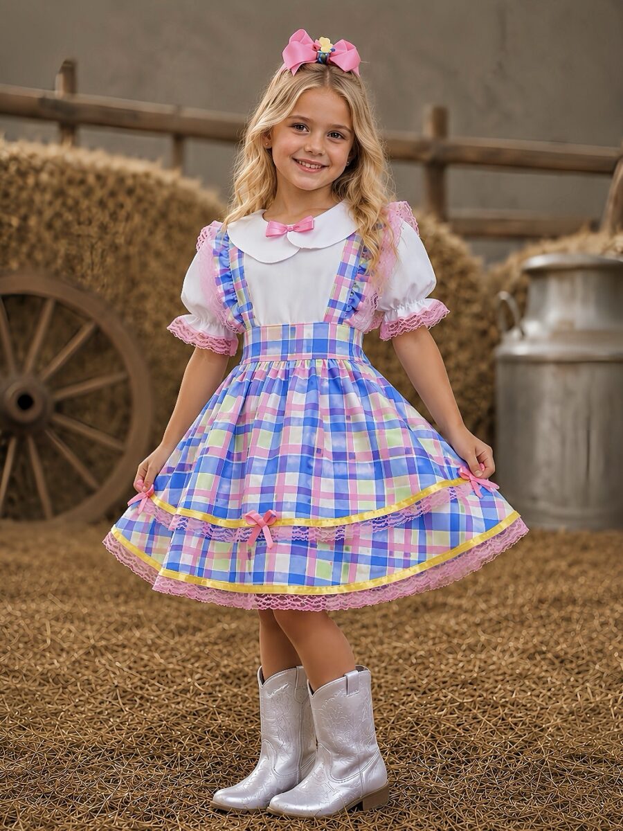 Conjunto Infantil Junino Salopete Xadrez Rosa e Azul