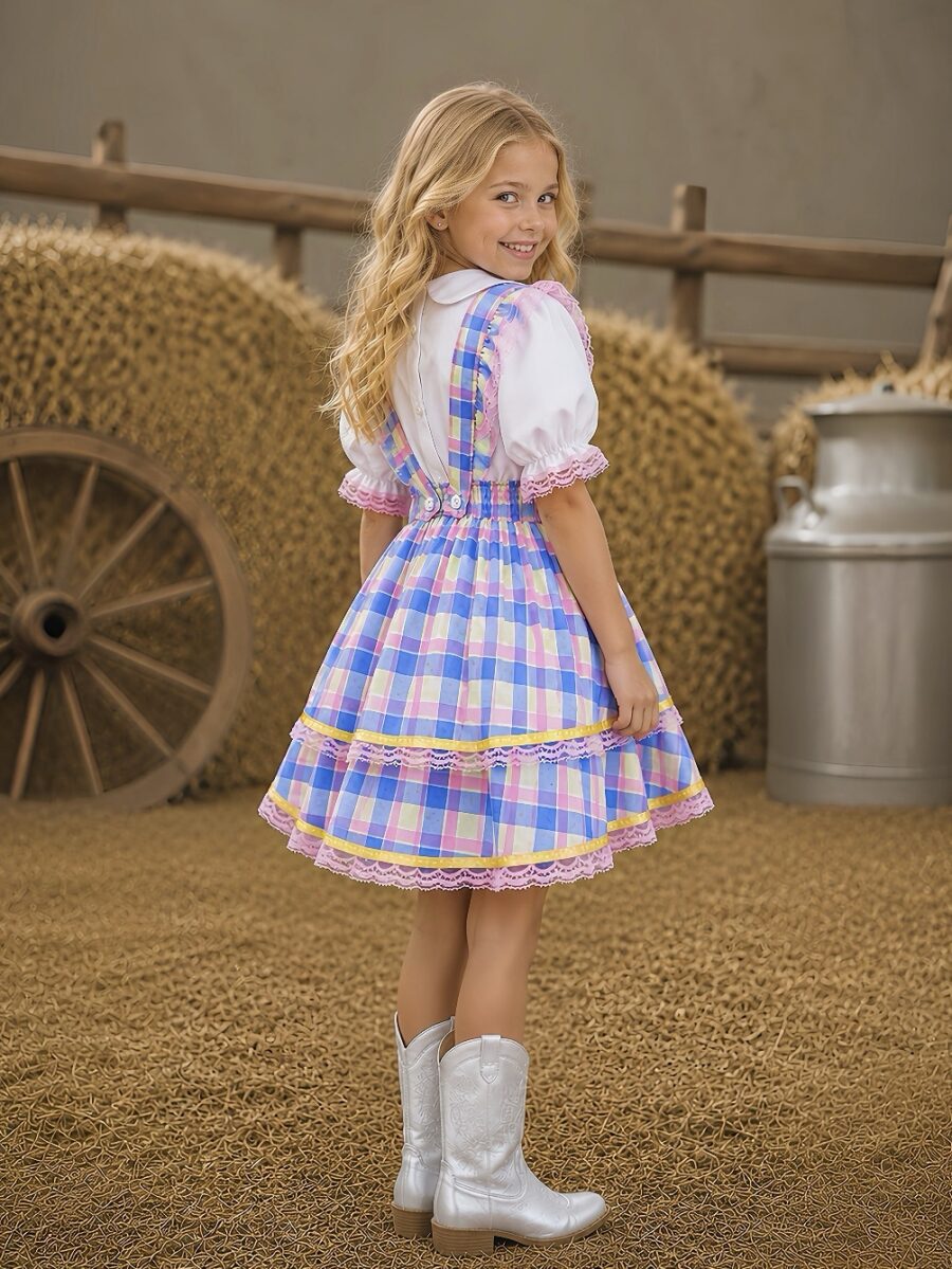 Conjunto Infantil Junino Salopete Xadrez Rosa e Azul