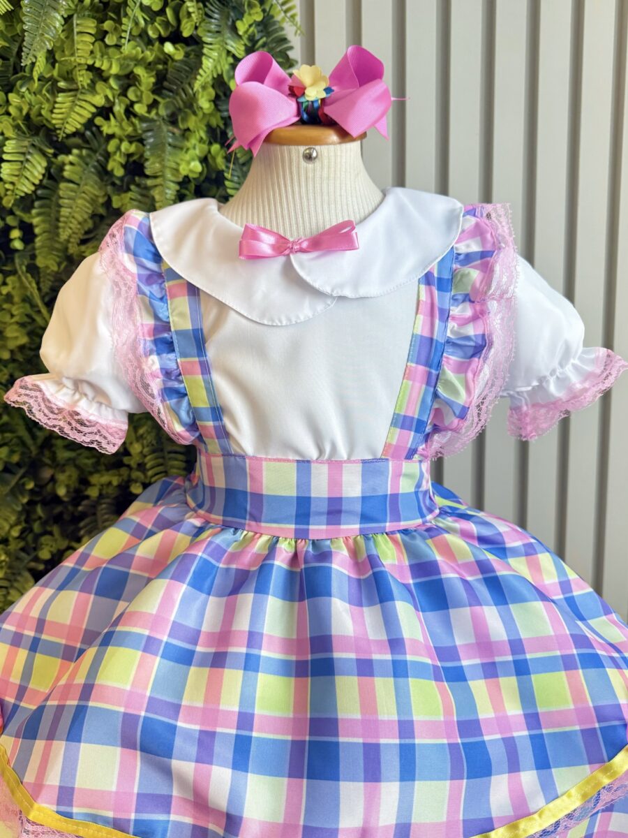Conjunto Infantil Junino Salopete Xadrez Rosa e Azul