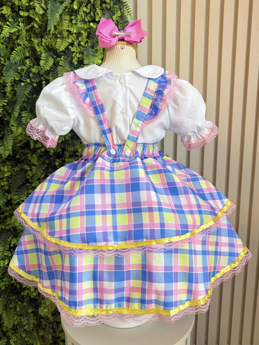 Conjunto Infantil Junino Salopete Xadrez Rosa e Azul