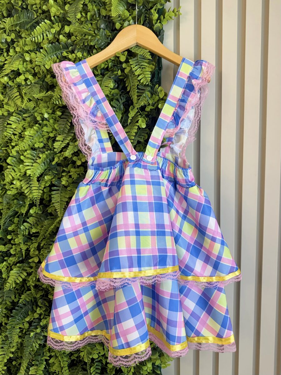 Conjunto Infantil Junino Salopete Xadrez Rosa e Azul