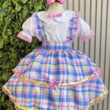 Conjunto Infantil Junino Salopete Xadrez Rosa e Azul